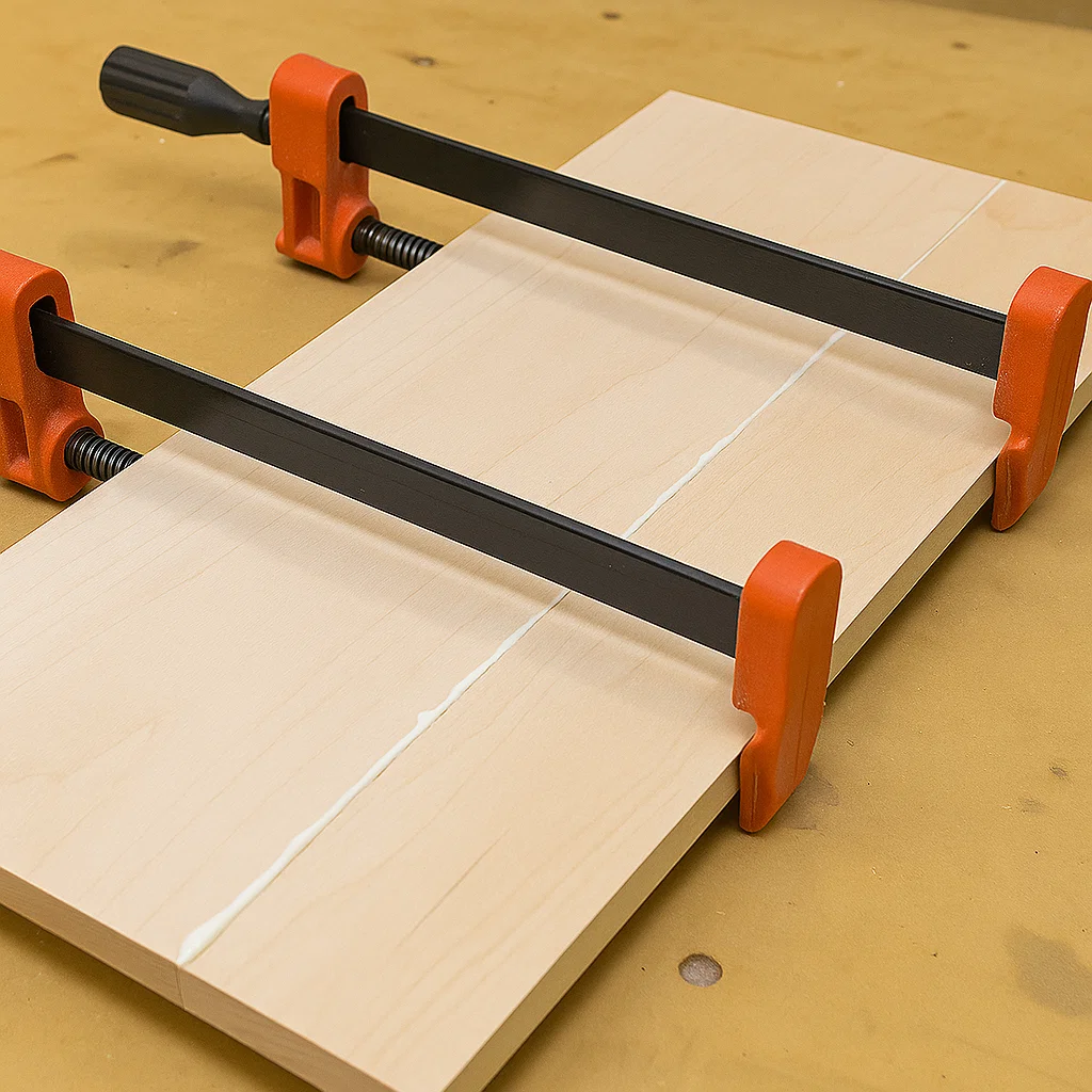 Application de colle à bois sur des planches assemblées pendant l’assemblage du plateau de la table basse.