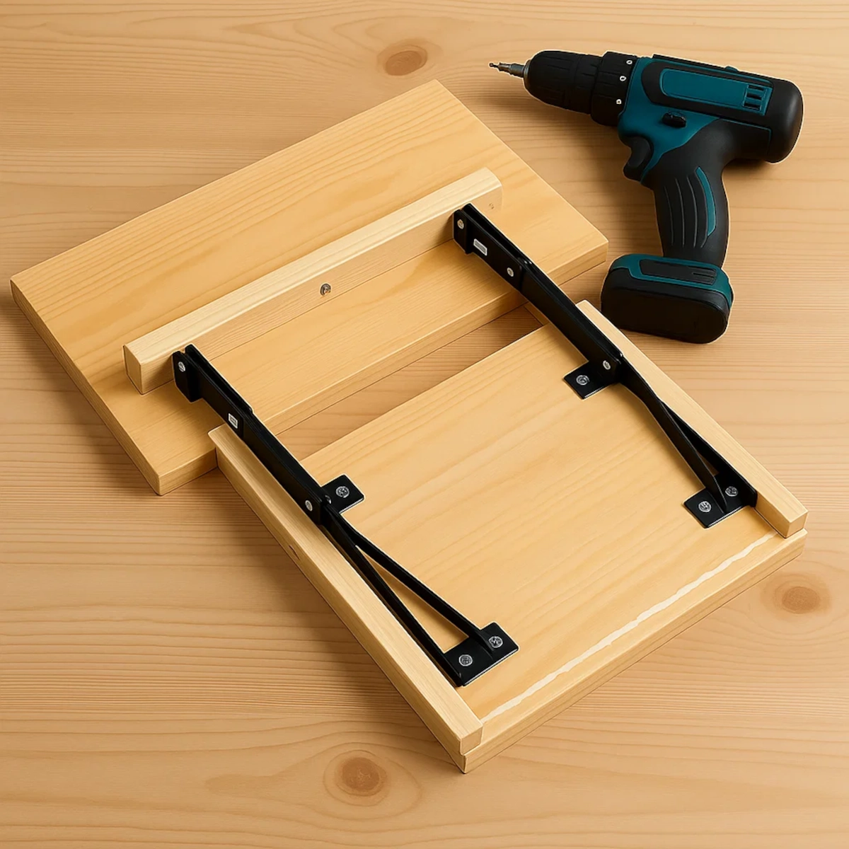 Perceuse électrique et bras de pliage métalliques avec des planches de bois sur une surface en bois clair, prêts pour l'assemblage.