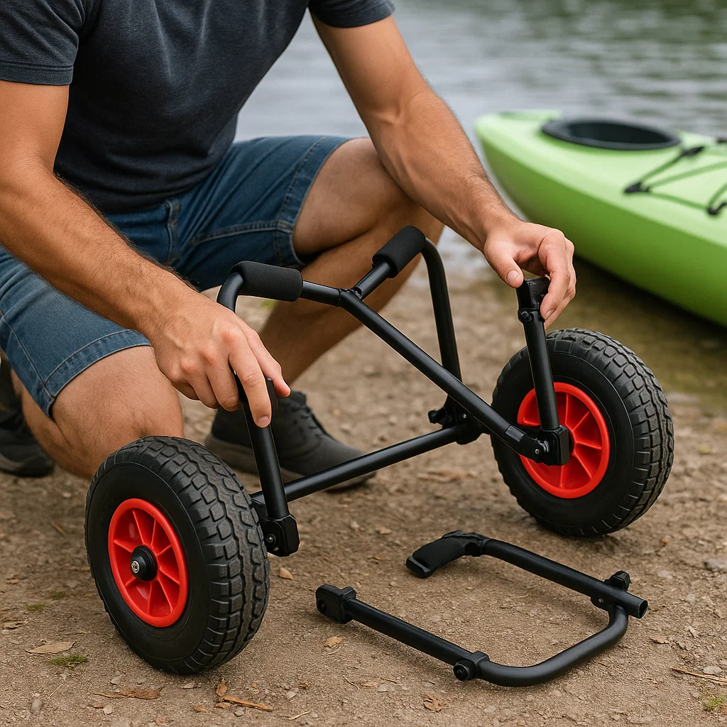 Homme assemblant un chariot de kayak à roues rouges sur un sentier bordant un lac pour le transport.