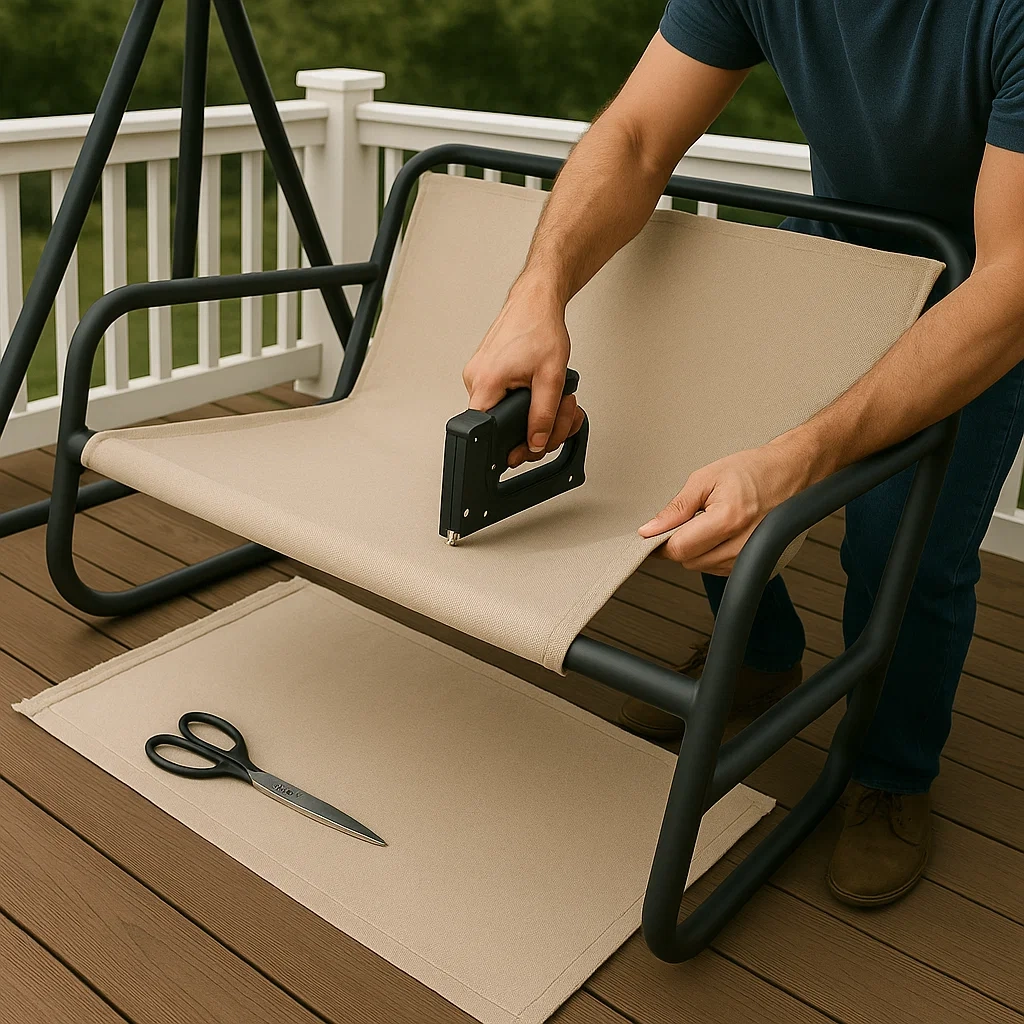Fixation sécurisée du nouveau tissu extérieur sur un cadre de balançoire de porche en bois pour un soutien stable.