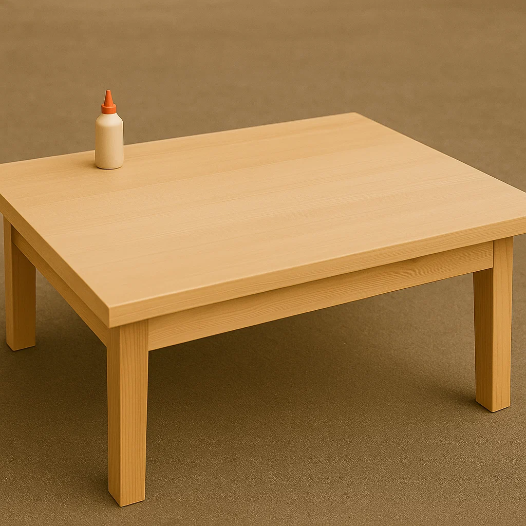 Fixation de solides pieds en bois à un cadre de table basse rectangulaire sur un sol moquetté.