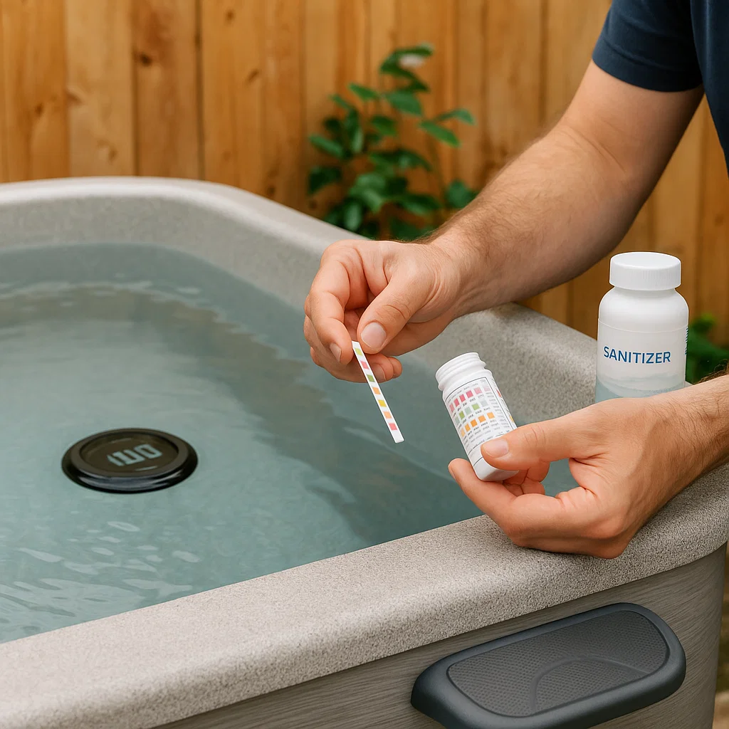 Des produits chimiques et des bandelettes de test utilisés pour équilibrer le pH et l'assainissement de l'eau du jacuzzi.