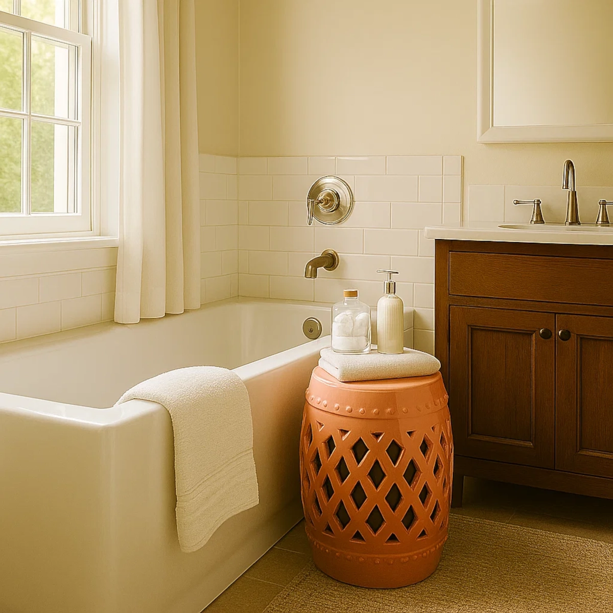 Salle de bain spa avec un tabouret de jardin en terre cuite, une serviette blanche et des essentiels de bain près de la baignoire.