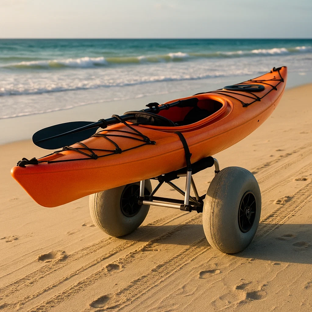 Kayak orange avec une pagaie montée sur un chariot à larges roues roulant sur une plage de sable humide.