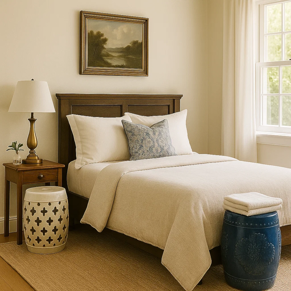 Chambre confortable avec deux tabourets de jardin comme tables de chevet, des couvertures superposées et des draps neutres doux.