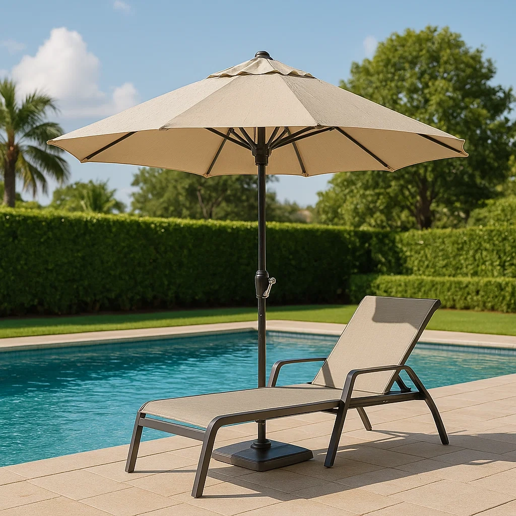 Poolside patio umbrella offering sun protection beside a swimming pool.