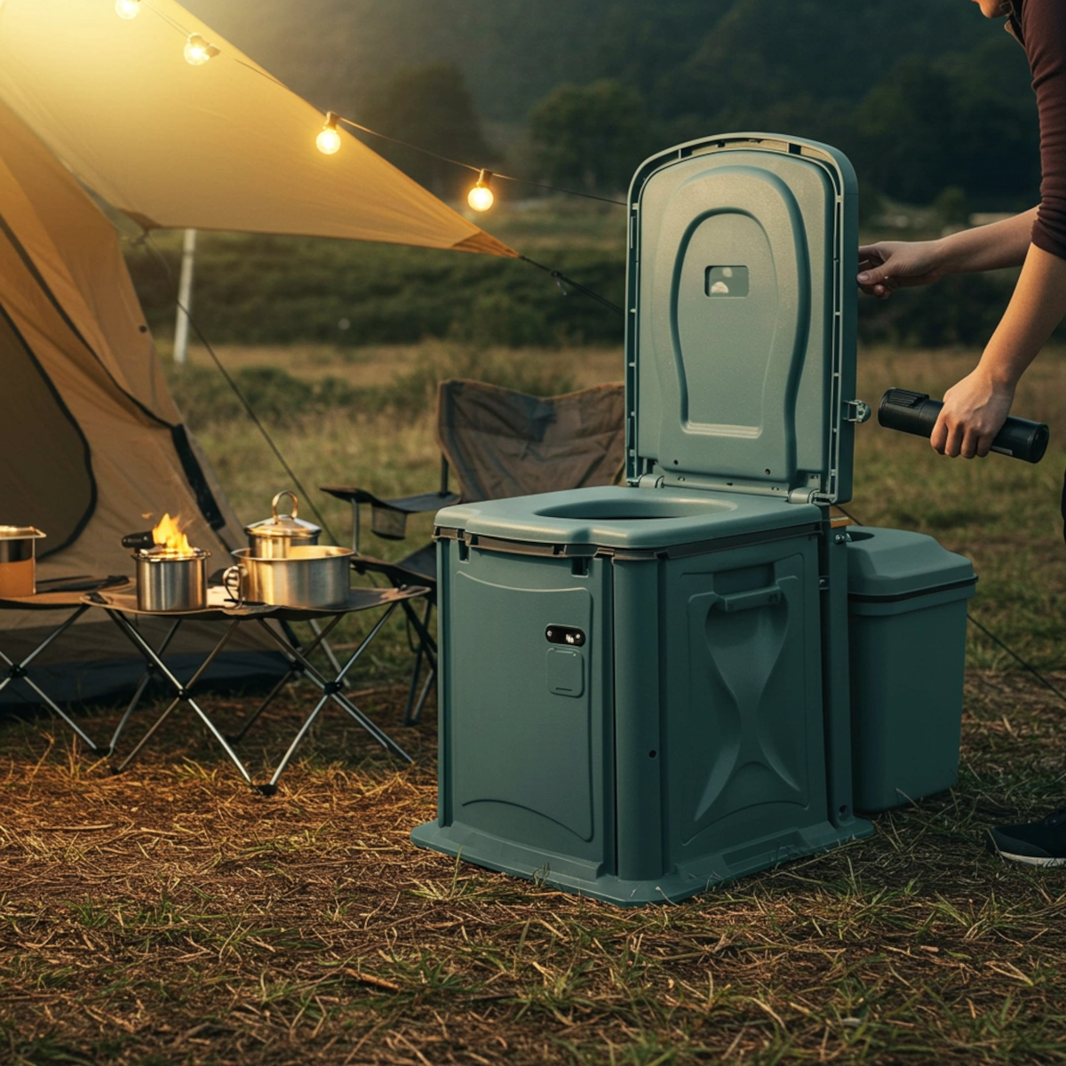WC de camping portable installé à côté d'une tente avec du matériel de camping.