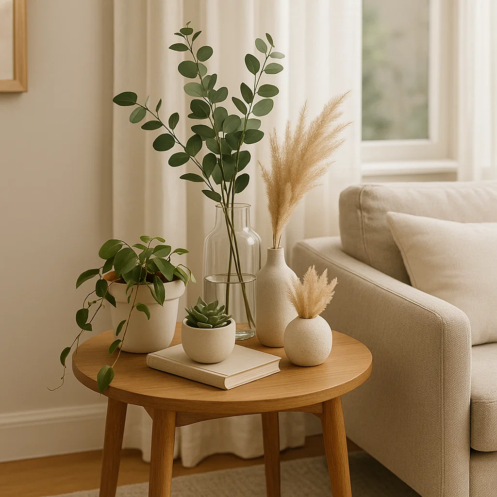 Table d'appoint avec un grand vase contenant des feuilles vertes, une petite plante succulente, et un bol décoratif.