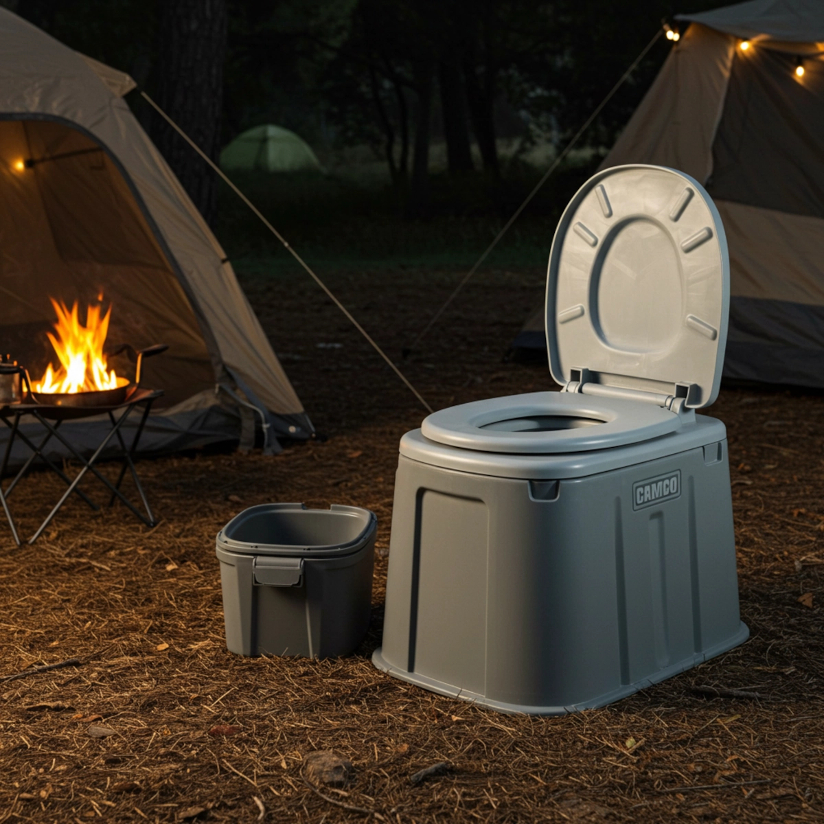 WC portable gris avec couvercle, positionné à côté d'un feu de camp et d'une tente.