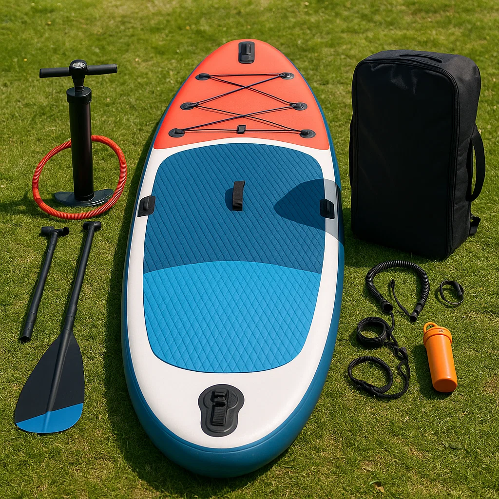 Planche de paddle gonflable avec accessoires y compris pagaie, pompe, lacet de sécurité et sac de transport.