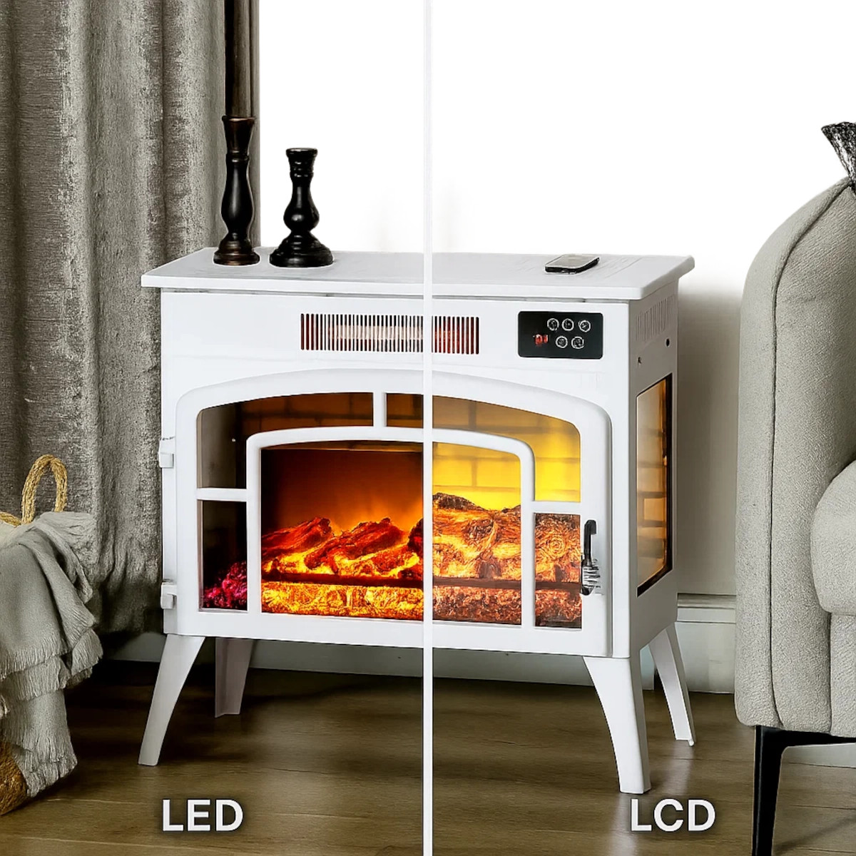 Comparaison côte à côte montrant les effets de flammes LED versus LCD dans une unité de cheminée électrique blanche.