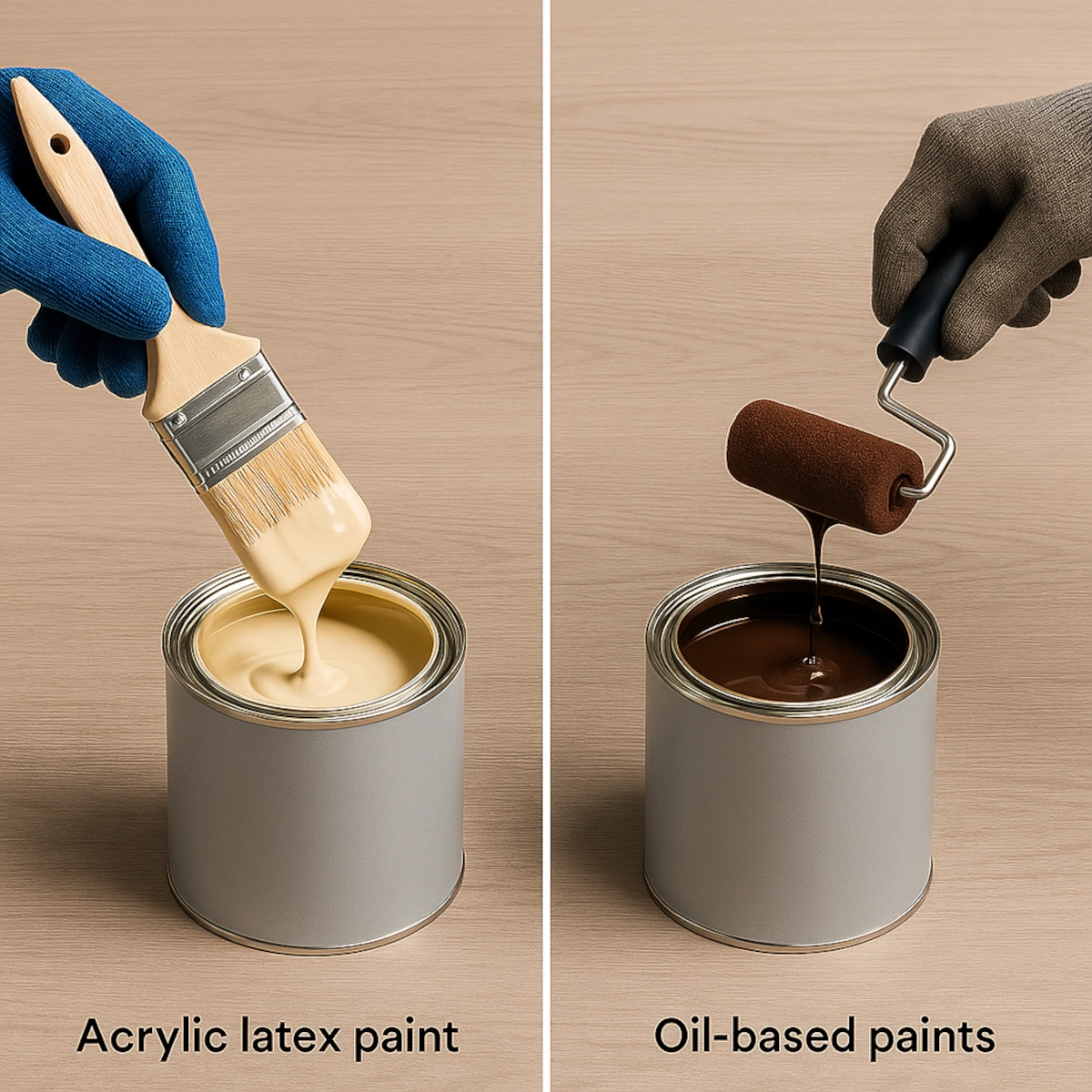 Divers pots de peinture et échantillons de couleurs disposés pour choisir la couleur de peinture de la table de pique-nique.