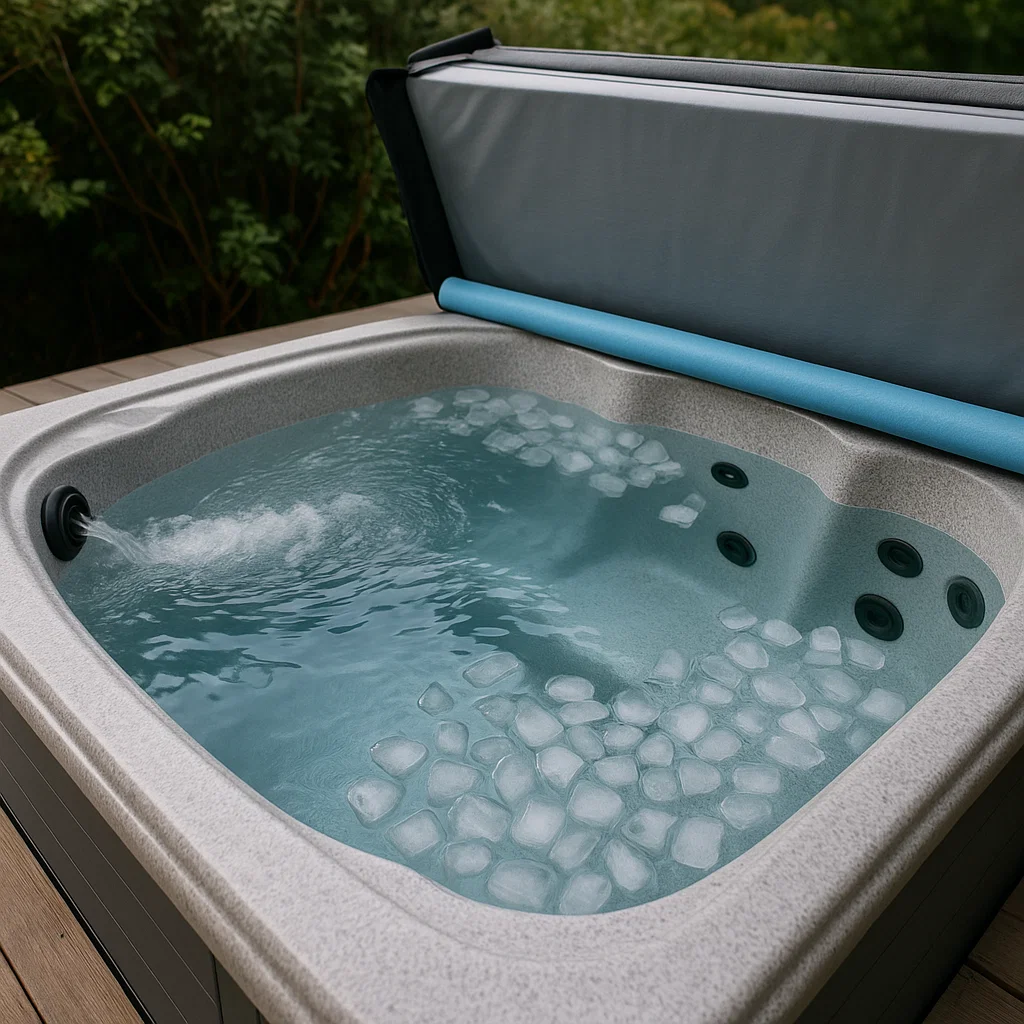 Des jets de jacuzzi et un couvercle ouvert montrant le processus de circulation de l'eau et de ventilation.
