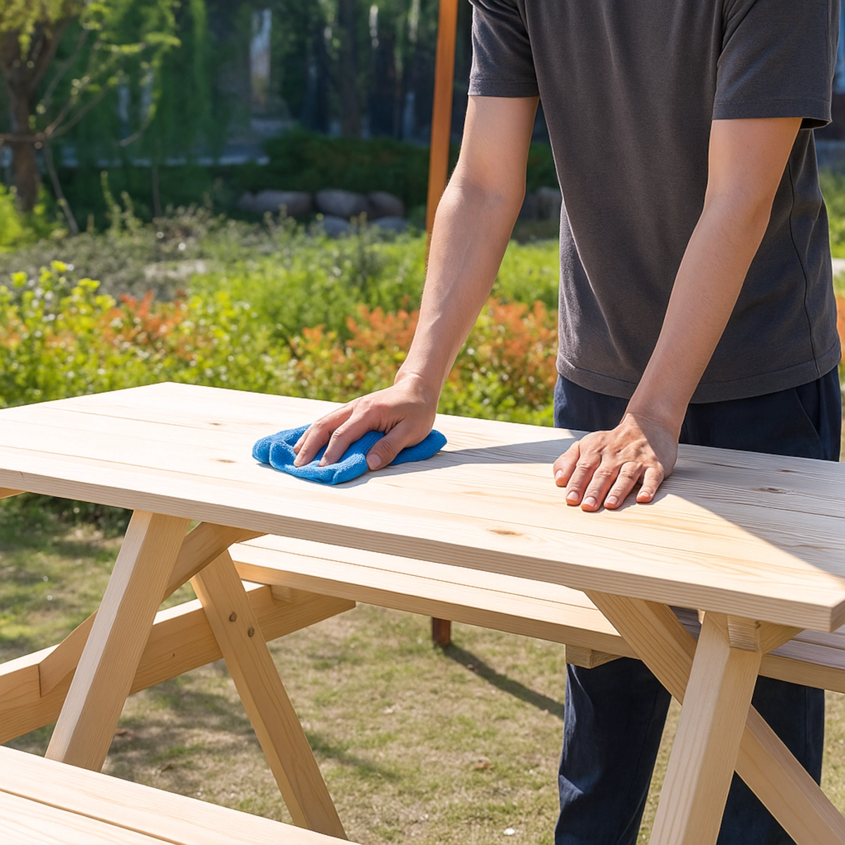 Personne frottant une table de pique-nique en bois avec un pinceau et de l'eau pour nettoyer la saleté et les débris.