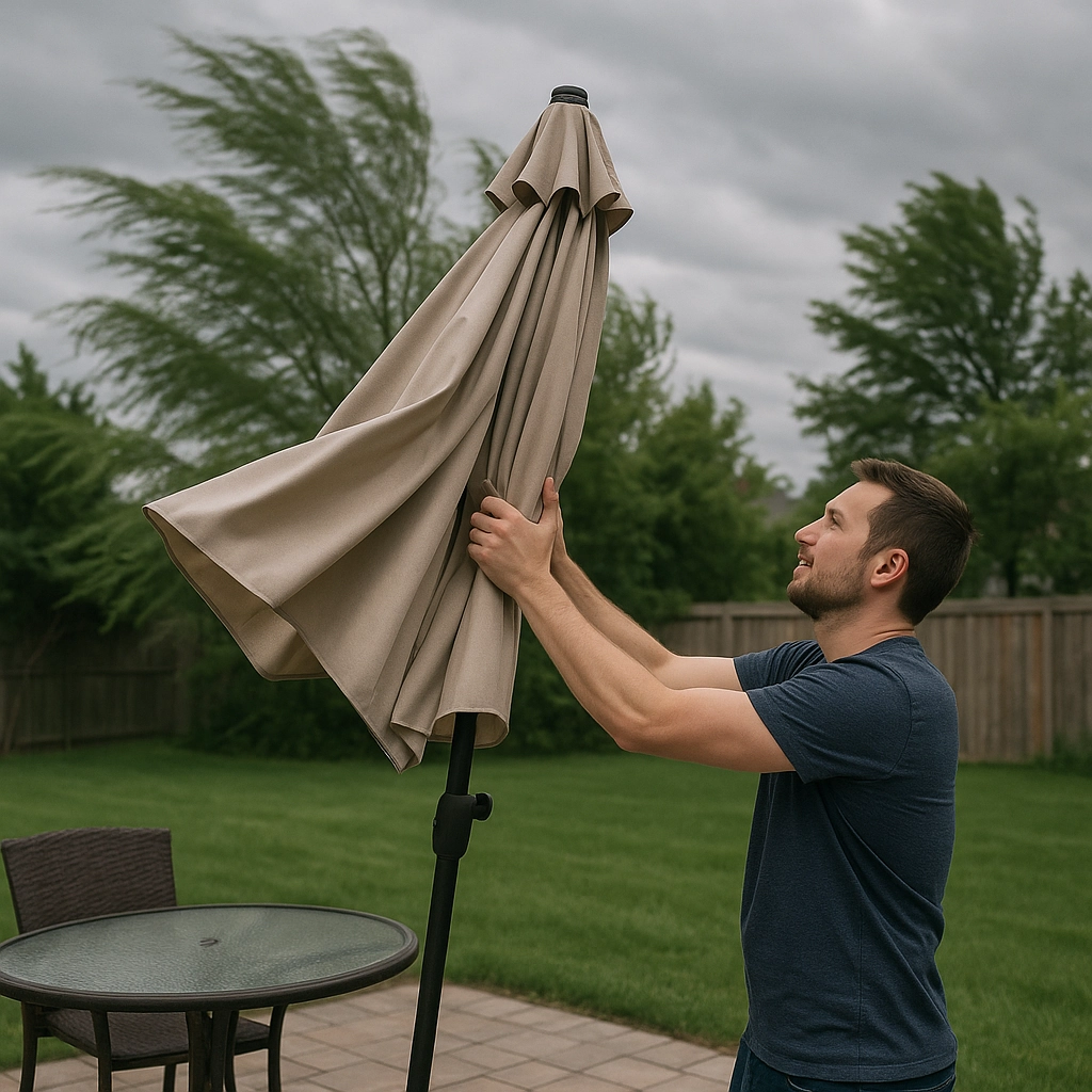 Personne fermant le parasol de terrasse pour prévenir les dommages causés par le vent.