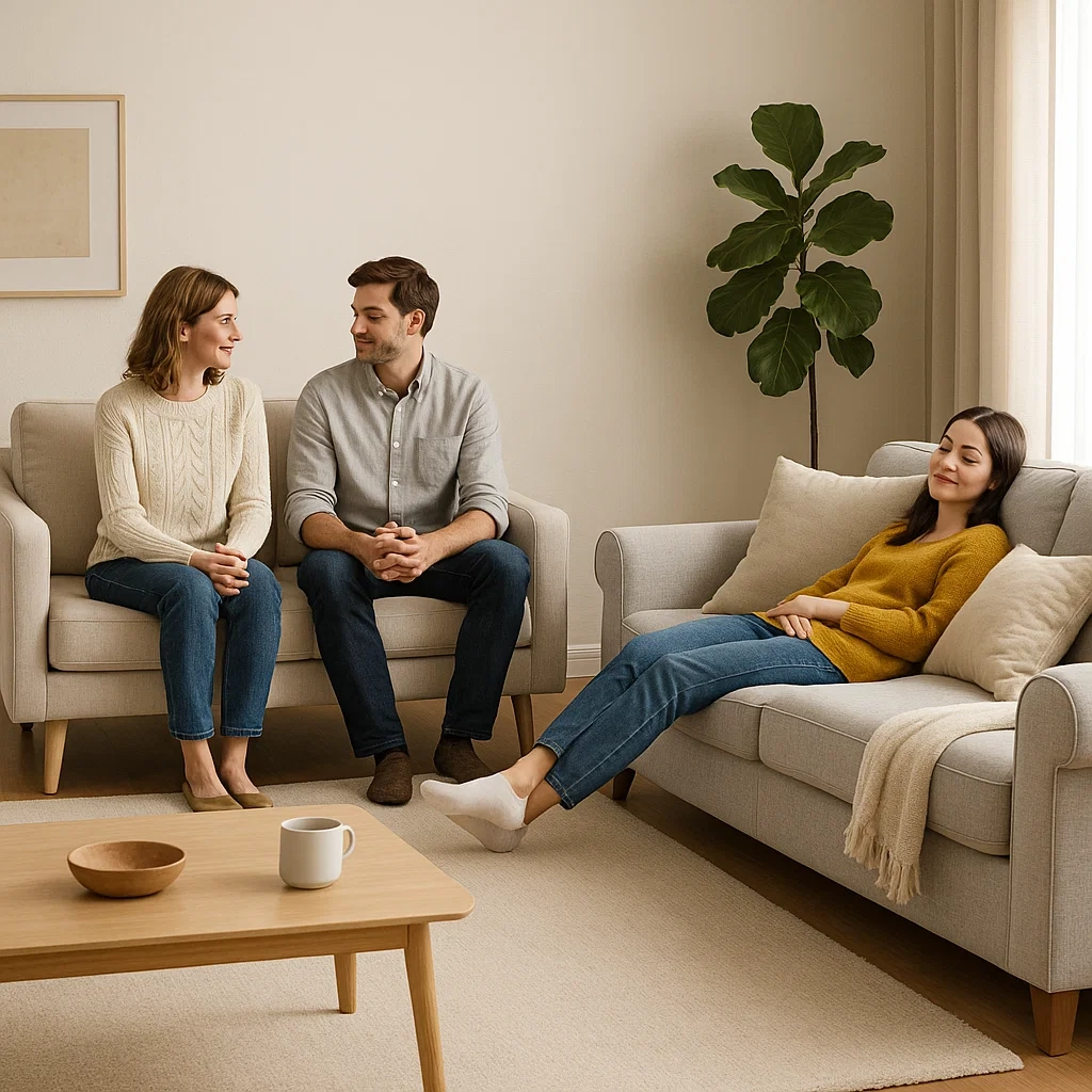 Trois personnes se détendent sur des canapés 2 places et 3 places dans un espace de vie confortable.