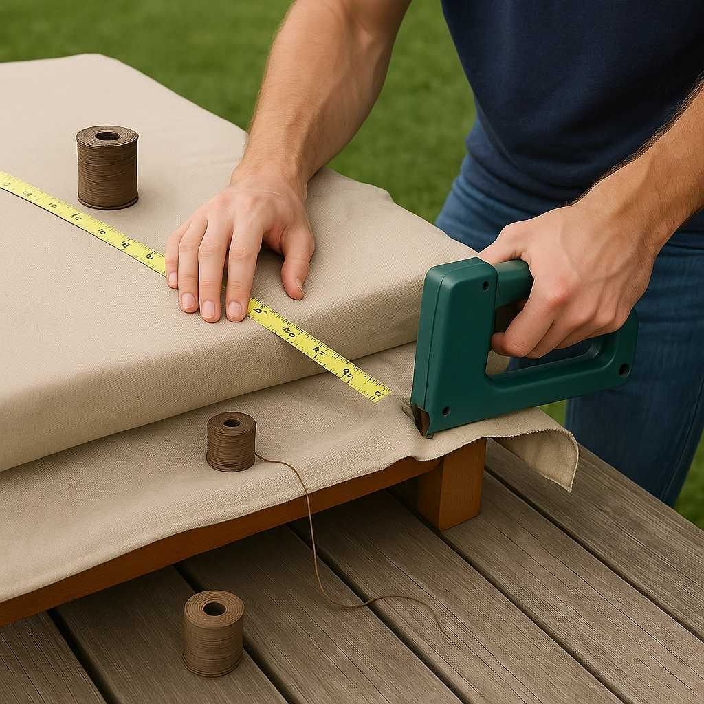 Démonstration des erreurs courantes de remplacement de tissu de balançoire de porche, comme des mesures inégales ou des coutures lâches.