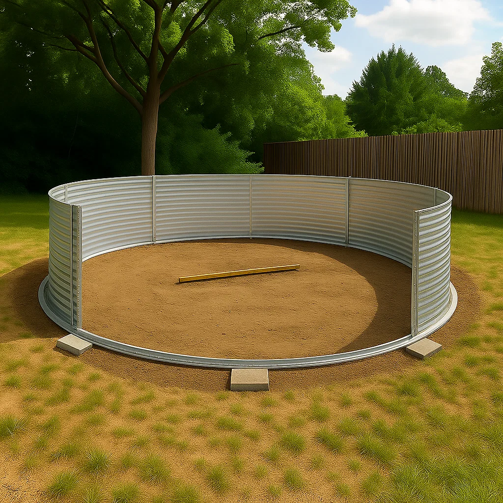 Voie métallique assemblée au sol avec des segments de paroi de piscine dressés verticalement.