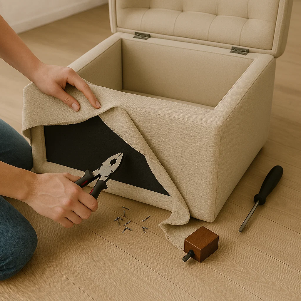 Retrait de la housse noire et du vieux tissu de tapisserie du cadre du pouf.