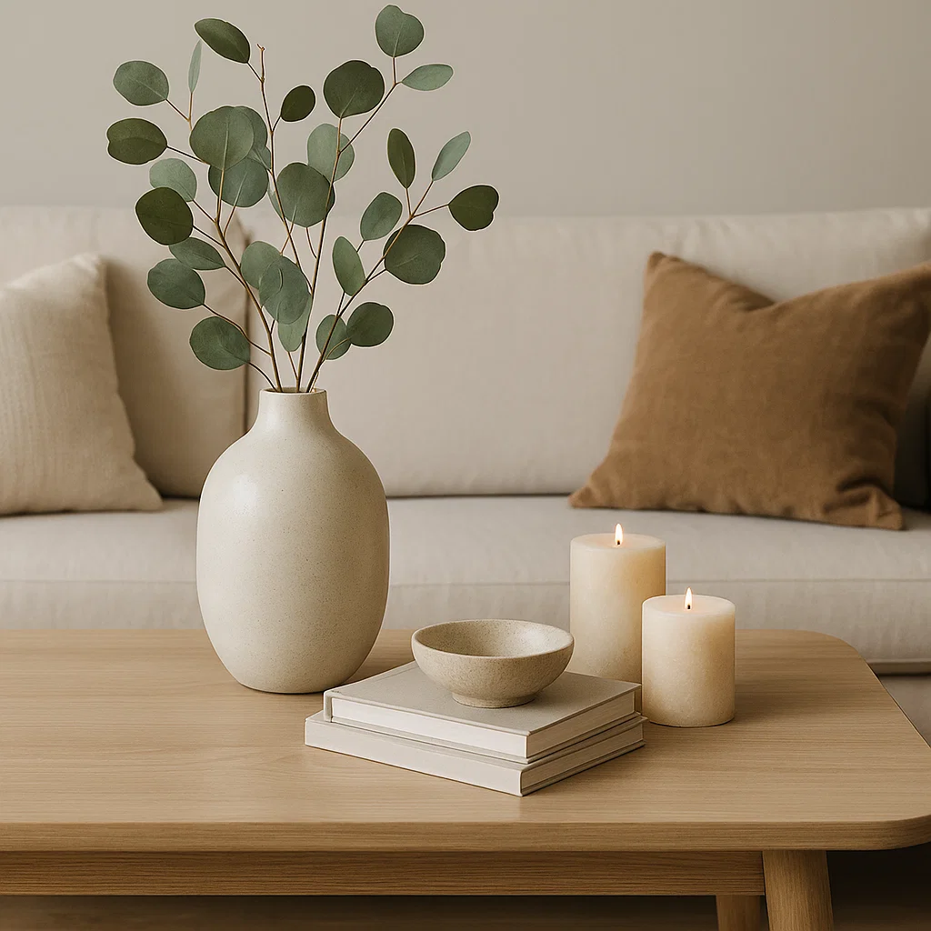 Vase d'eucalyptus simple et sous-verres sur une table en bois minimaliste.