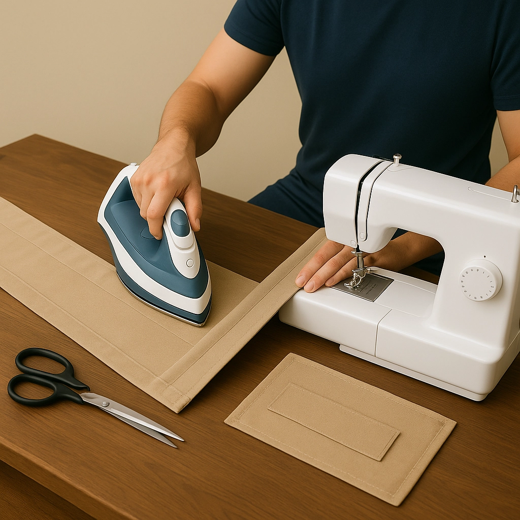 Couture d’ourlets et de manchons de tissu proprement pour fixer le tissu de remplacement solidement sur le cadre de la balançoire de porche.