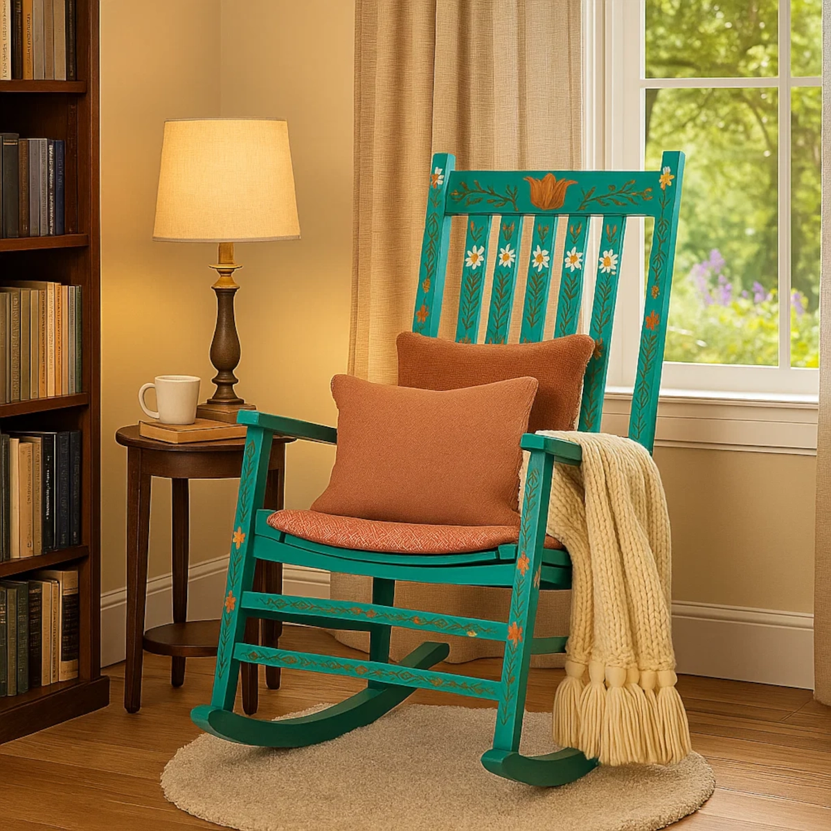 Fauteuil berçant turquoise avec des coussins orange à côté d'une lampe et d'une bibliothèque dans un coin lecture confortable.