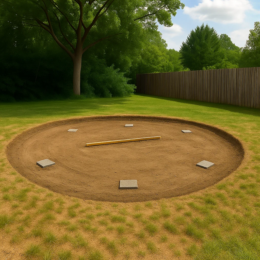 Surface de sable tassée nivelée avec un râteau pour une fondation de piscine stable.