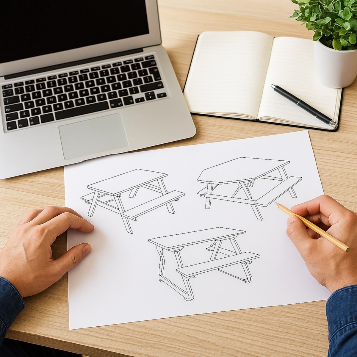 Mains dessinant différents designs de tables de pique-nique sur du papier à côté d'un ordinateur portable et d'un cahier.