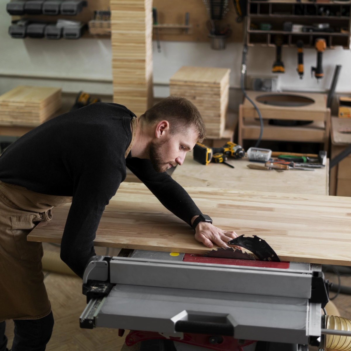 Homme utilisant une scie à table pour couper une planche de bois dans un atelier rempli d'outils de menuiserie.