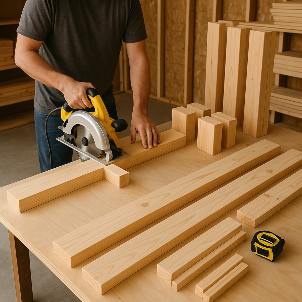 Homme utilisant une scie circulaire pour couper des pièces de bois de pin sur une table d'atelier.