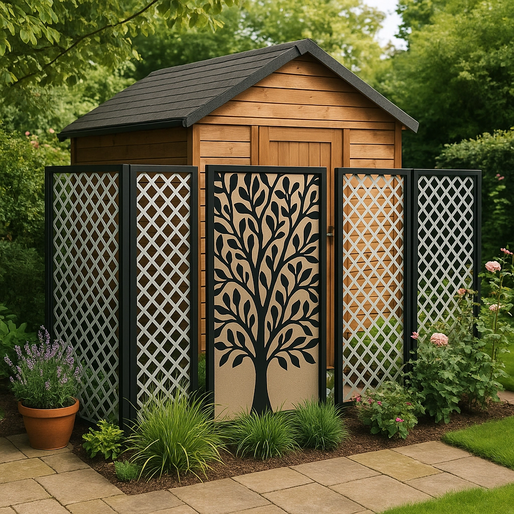 Wooden shed with decorative lattice panels and tree-inspired screen, enhancing garden aesthetics.