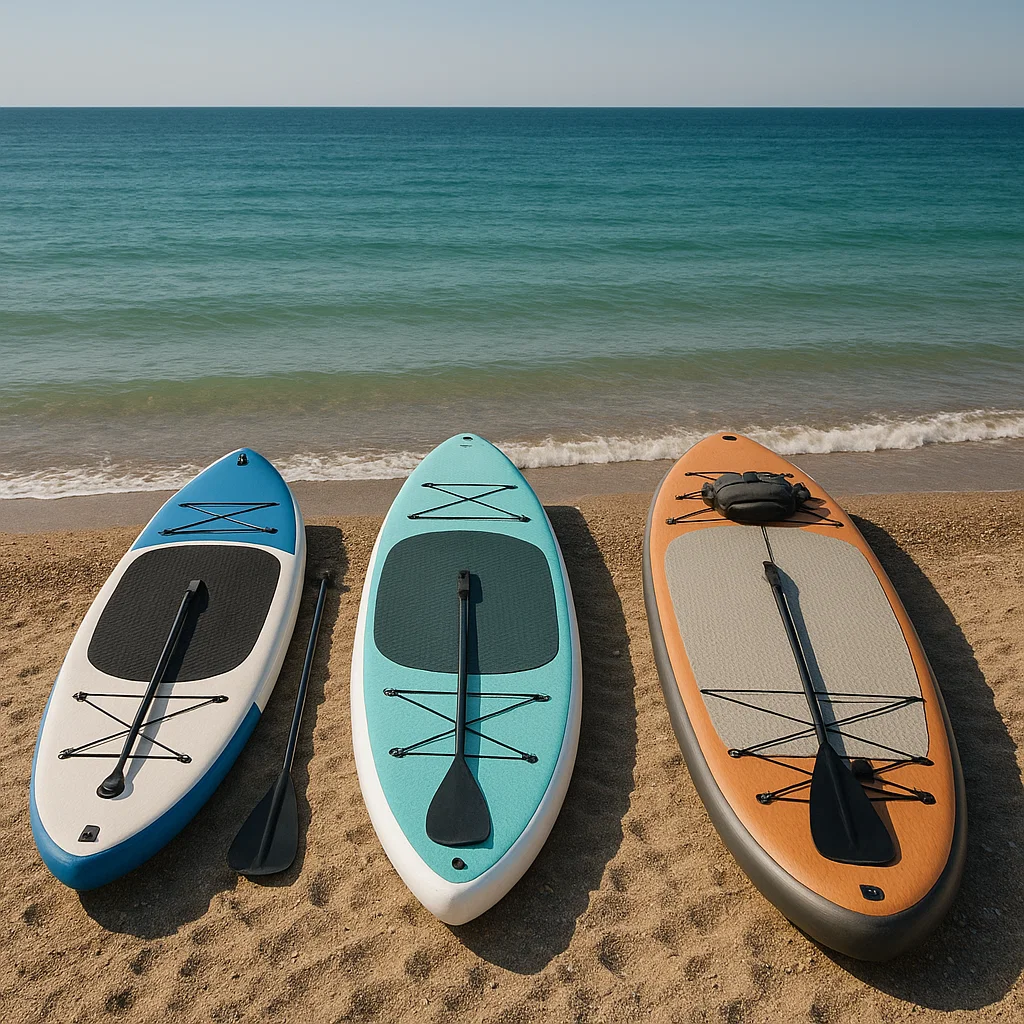 Trois planches de paddle gonflables placées sur la plage avec des pagaies à côté du rivage.