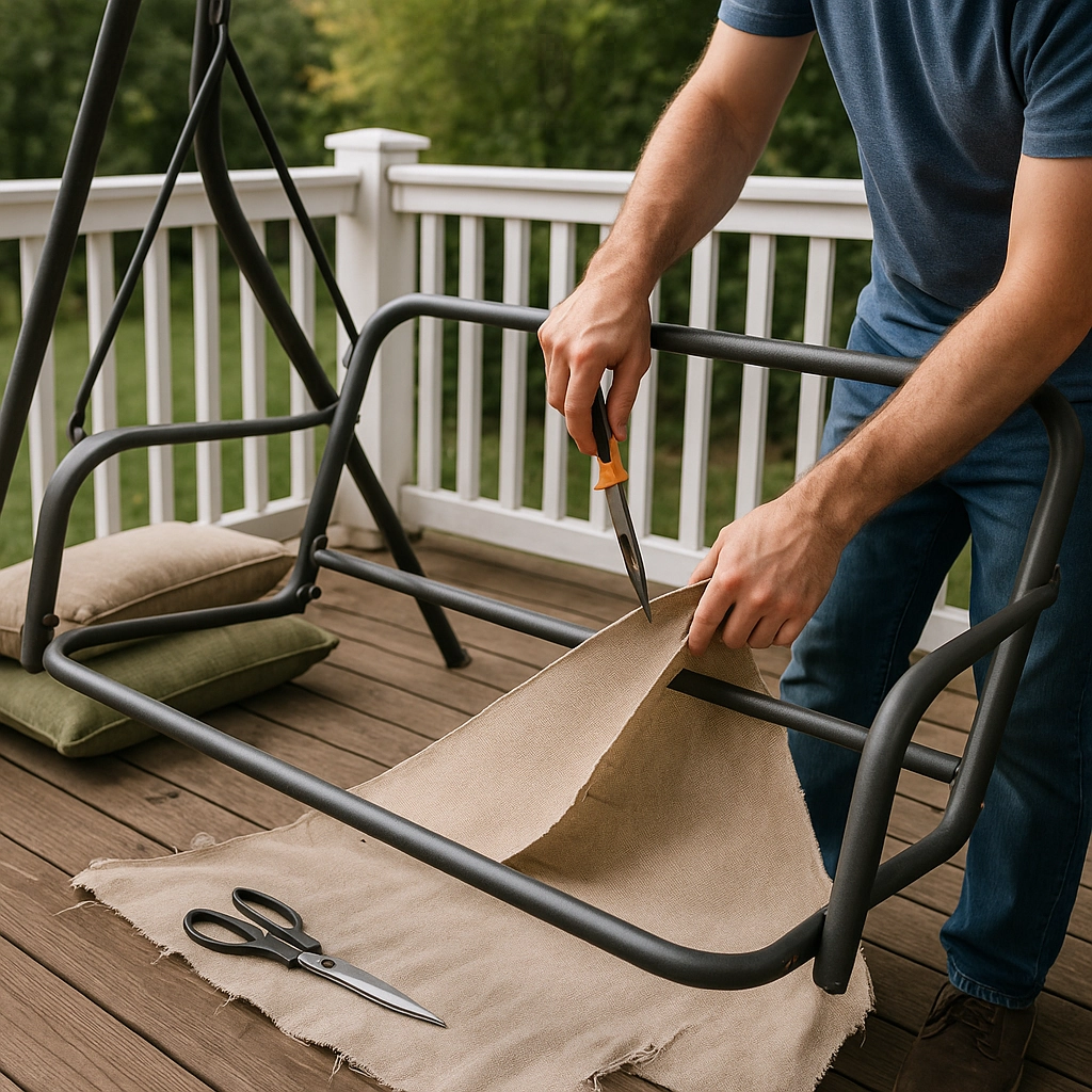 Déconstruction soignée d’un cadre de balançoire de porche en bois pour préparer l’installation du tissu de remplacement.