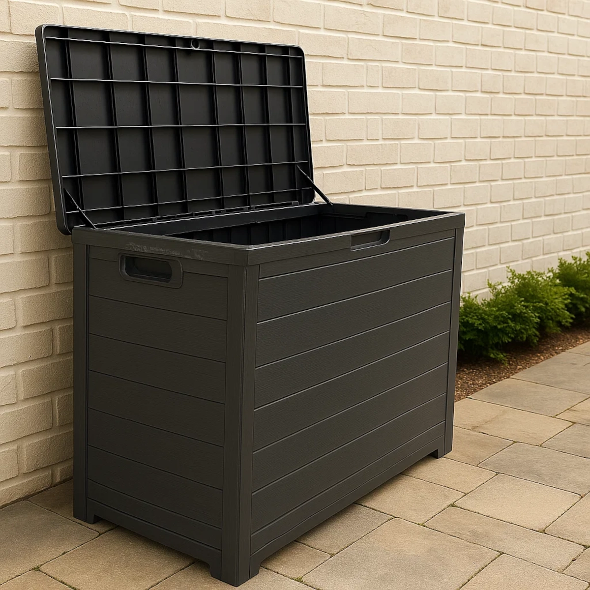 Boîte de rangement extérieure propre et sèche placée à côté d'un mur en brique sur des dalles de terrasse.