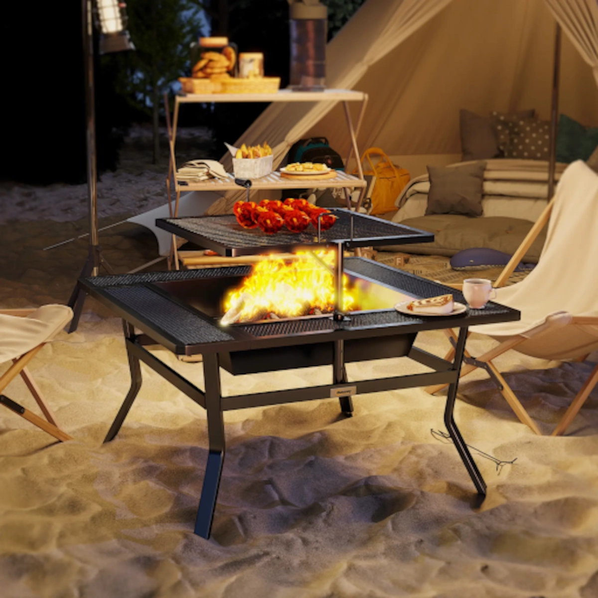 Foyer de style camping avec une configuration de grill cuisinant des aliments, entouré de chaises et d'une tente.
