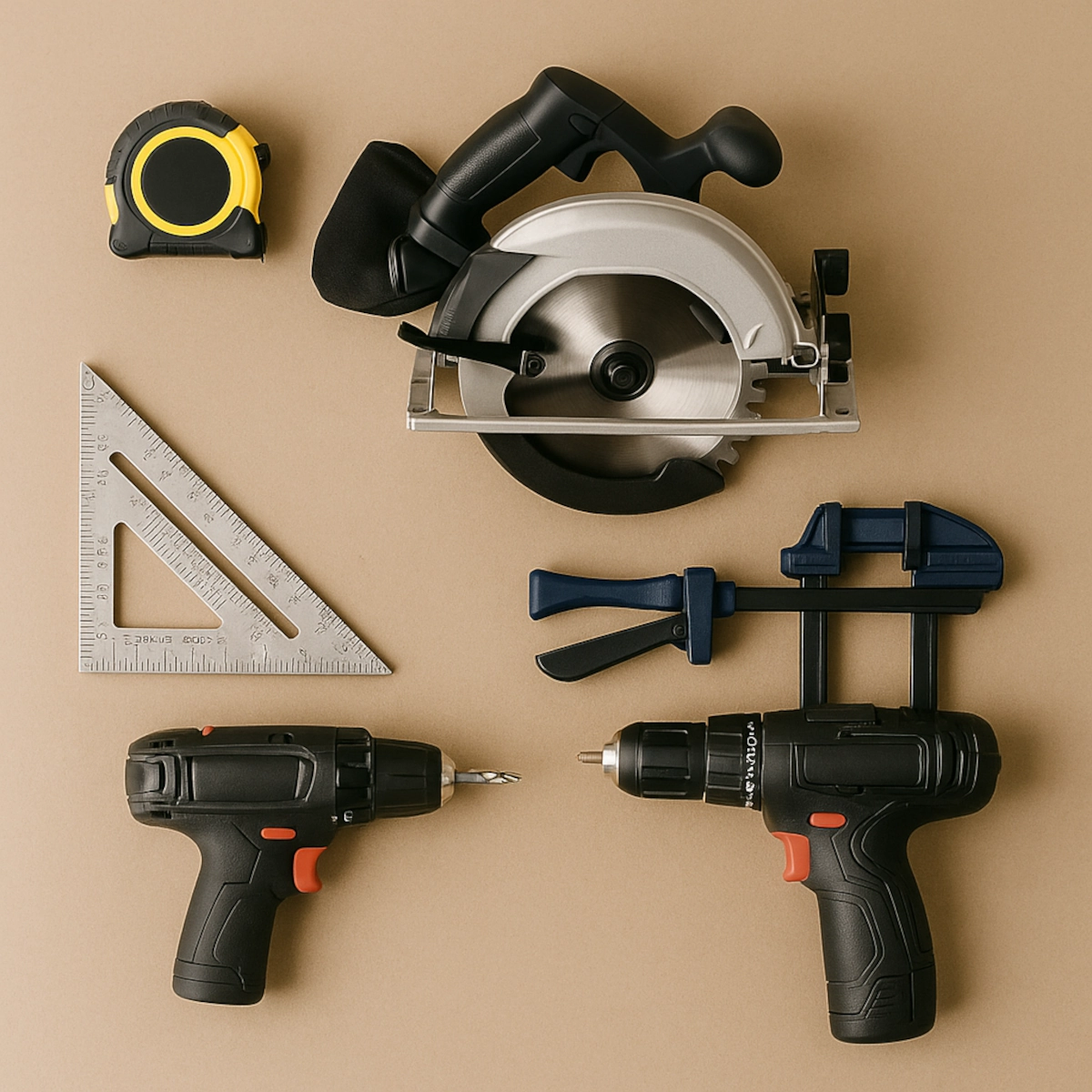 Ensemble d'outils de menuiserie, y compris des perceuses, des serre-joints, une règle graduée et une scie circulaire, disposés sur un fond beige.