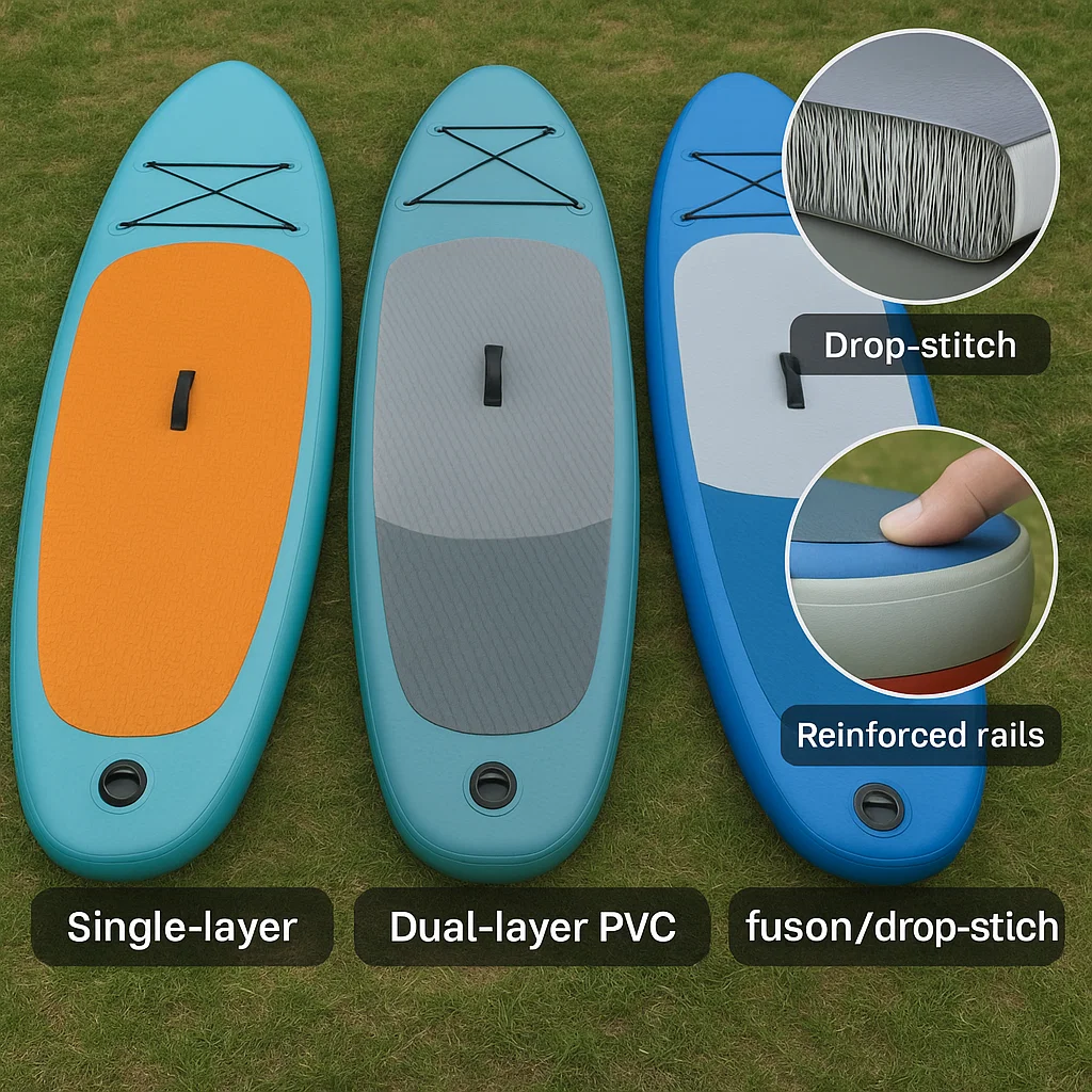 Trois planches de paddle montrant différents types de construction : monocouche, bicouche, drop-stitch.