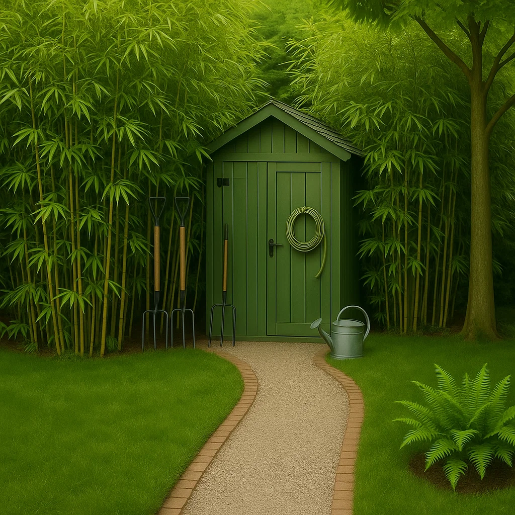 Green shed surrounded by bamboo plants, offering year-round privacy and natural cover.