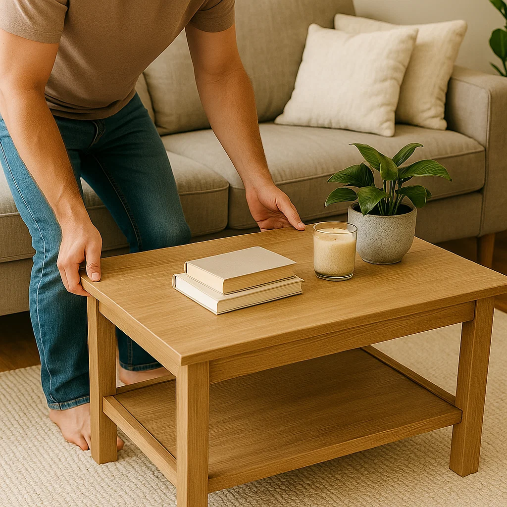Personne positionnant une table basse en bois finie dans un salon chaleureux.