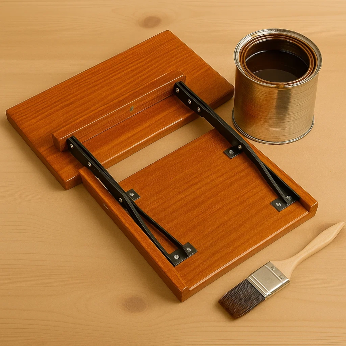 Table de bois finie avec des bras de pliage, boîte de vernis ouverte et un pinceau sur une table.
