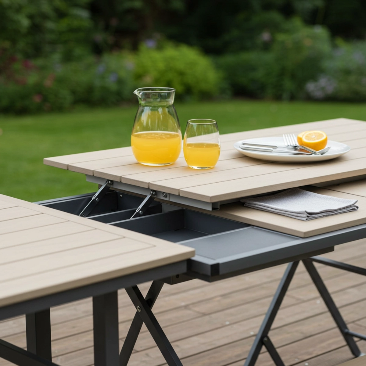 Multipurpose folding table with sliding side shelves placed on patio with potted plants around.