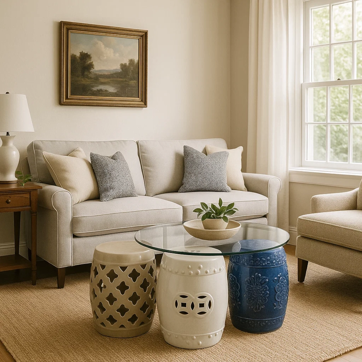 Salon neutre avec trois tabourets de jardin comme tables basses, un canapé beige et une table de verre.