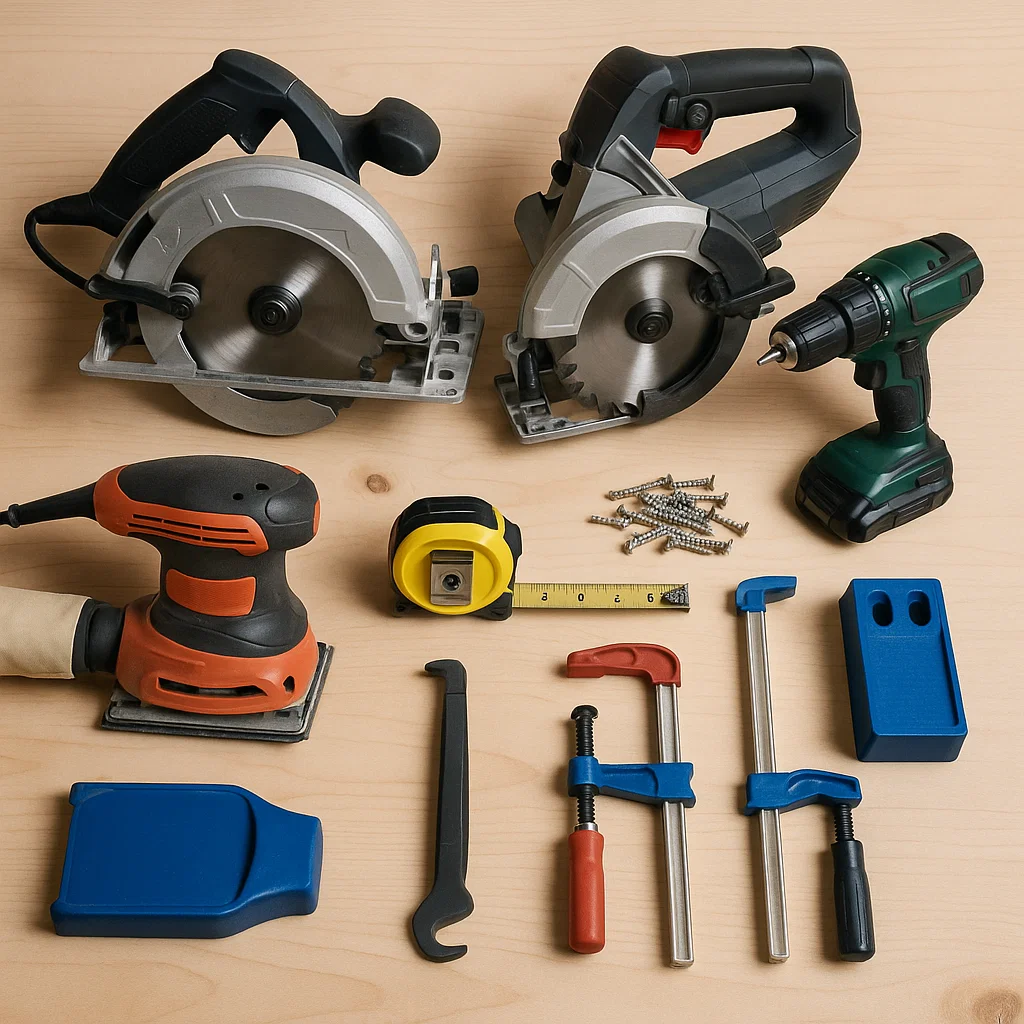 Outils essentiels de menuiserie et matériel de quincaillerie rangés de manière ordonnée sur un banc de travail pour l’assemblage de meubles.