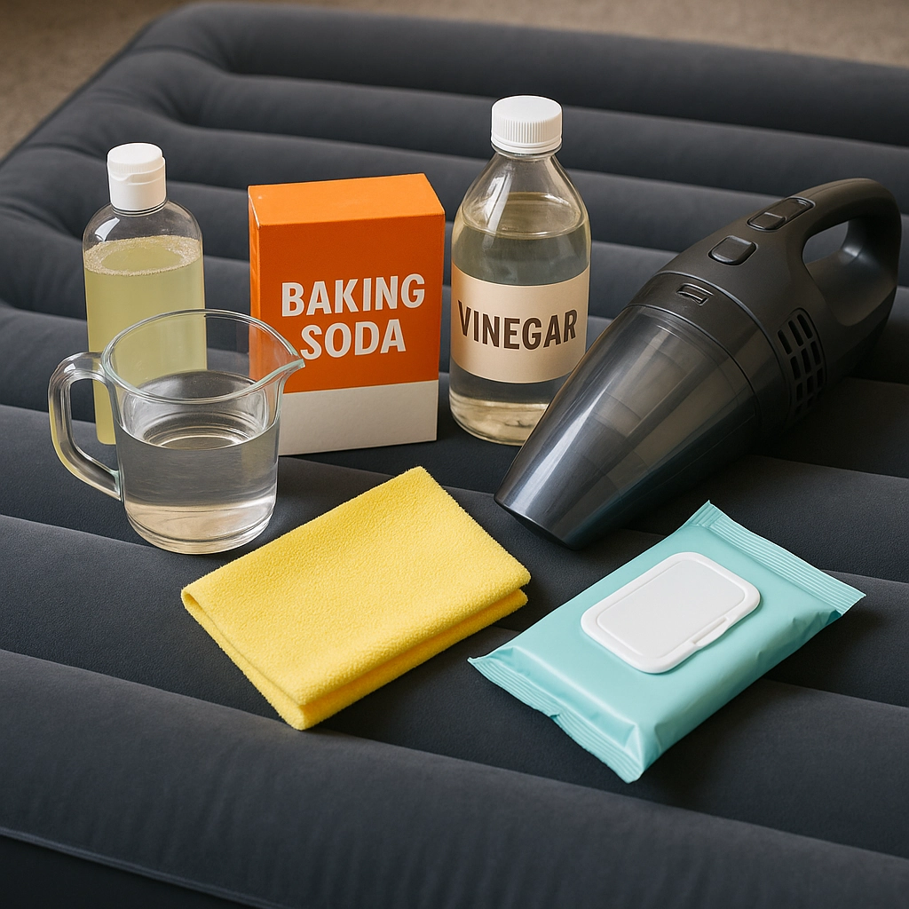 Fournitures de nettoyage y compris du vinaigre, du bicarbonate de soude, une serviette et un aspirateur sur un matelas gonflable.