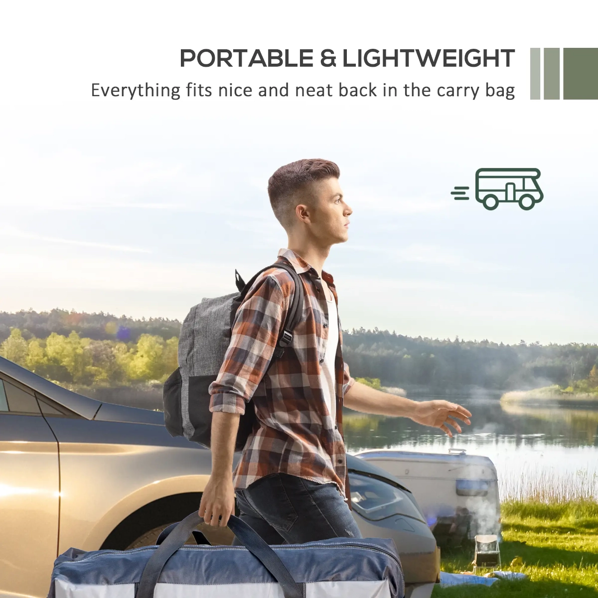 Homme transportant du matériel de camping et un sac à dos près d'un lac avec des voitures et des tentes en arrière-plan.