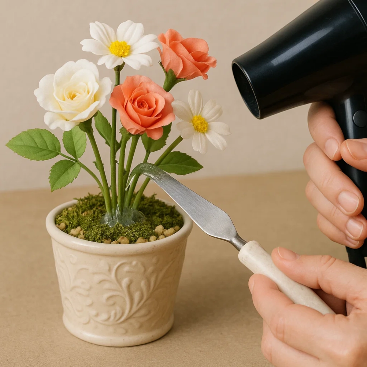 Retrait de fleurs artificielles d'un pot en utilisant un séchoir à cheveux et une spatule pour adoucir la colle à la base.