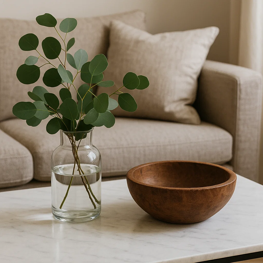 Fleurs blanches et coussins douillets sur un canapé neutre avec une table en bois.