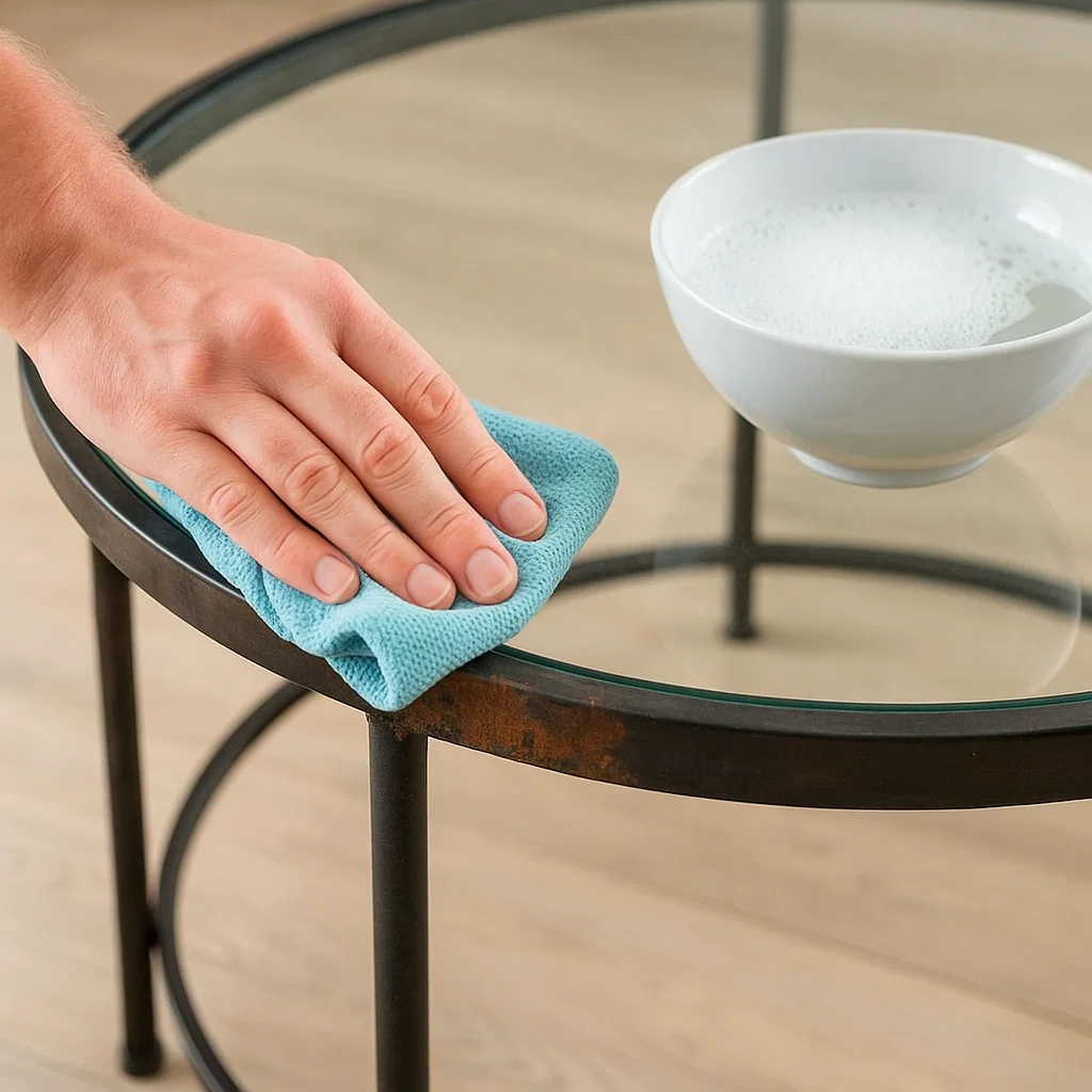 Main essuyant une table basse ronde en verre avec un cadre en métal avec un chiffon bleu et un bol d'eau savonneuse.