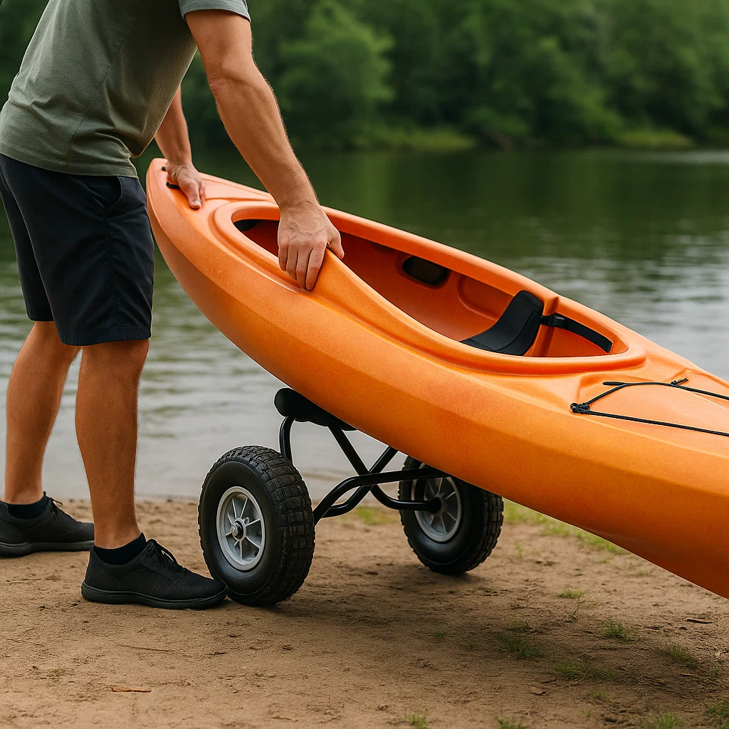 Homme chargeant un kayak orange sur un chariot au bord d'un lac, alignant la coque du kayak avec le chariot.