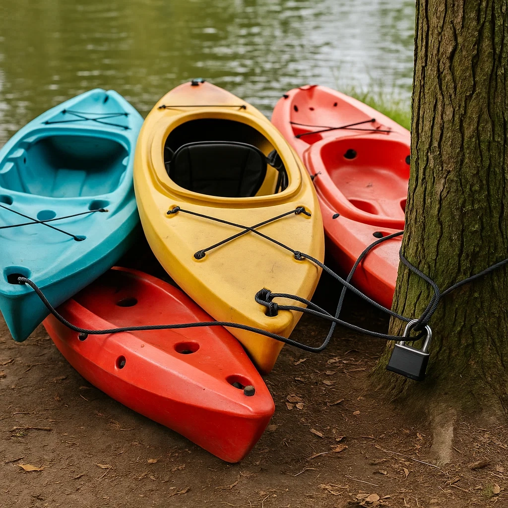 Quatre kayaks colorés verrouillés ensemble avec un câble autour d'un arbre près du rivage d'un lac.